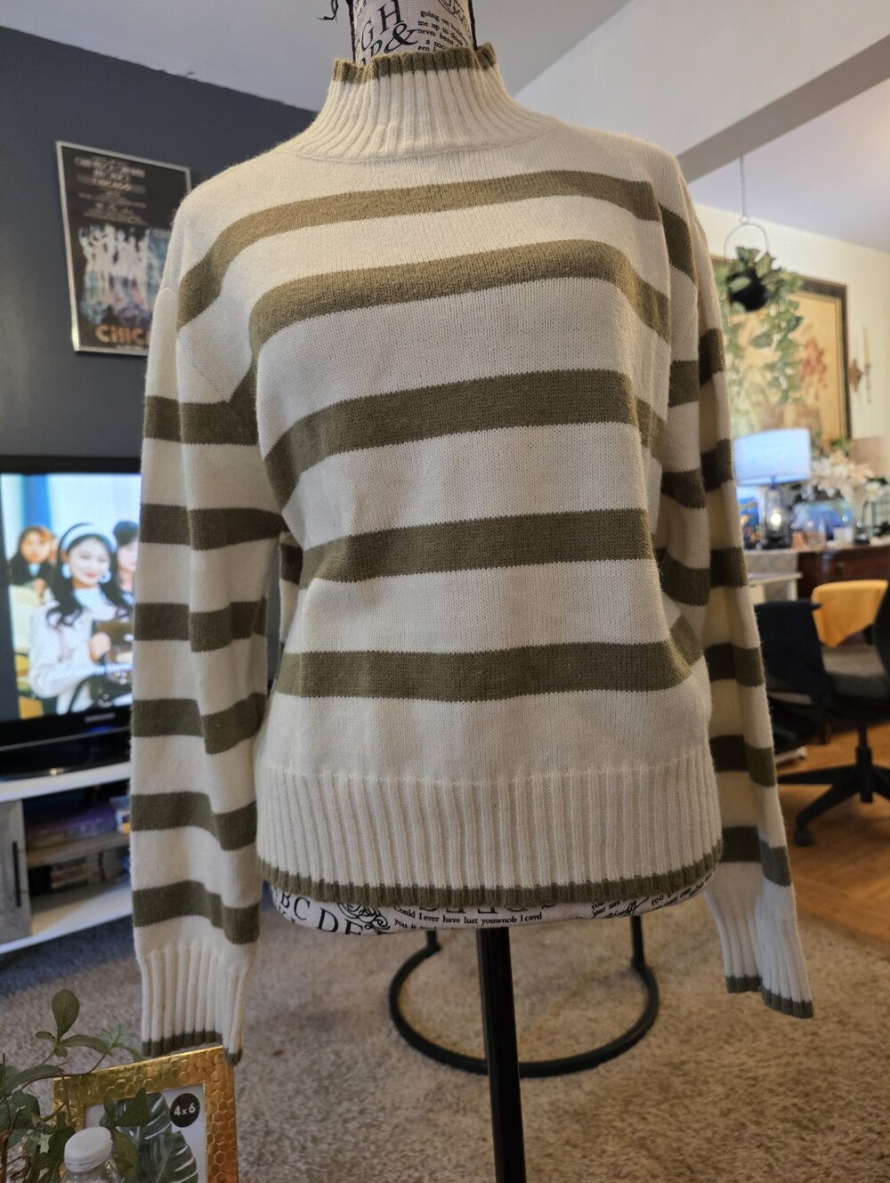 Striped Cowl Neck Sweater in Cream and Olive